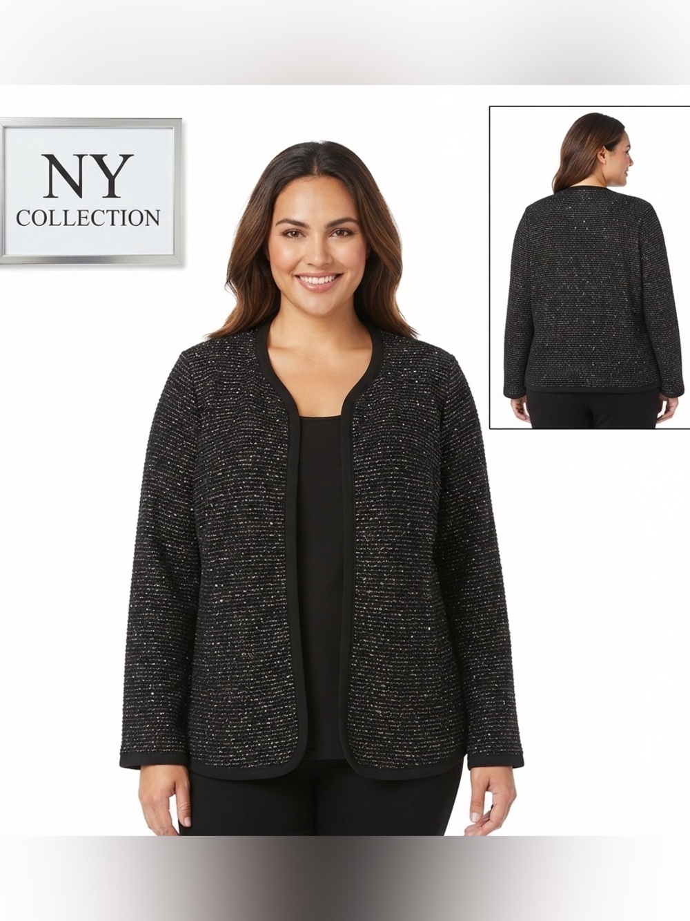 NY Collection Tweed Style Open Front Cardigan Large